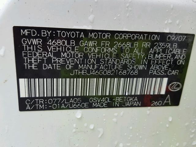 JTHBJ46G082168768 - 2008 LEXUS ES 350 WHITE photo 10