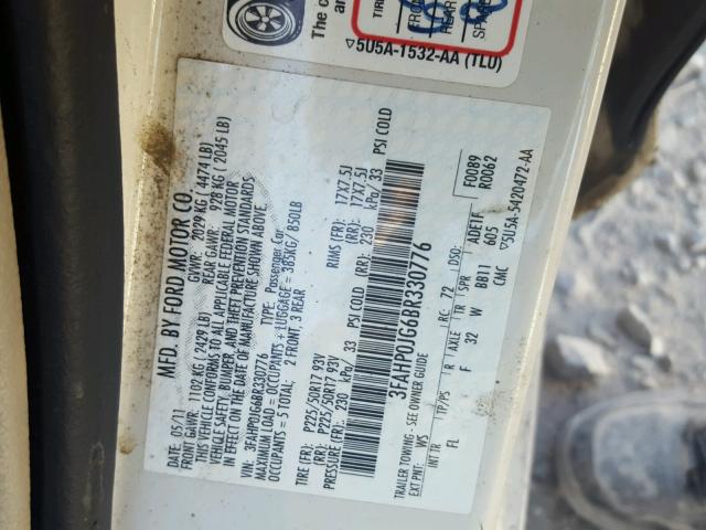 3FAHP0JG6BR330776 - 2011 FORD FUSION SEL WHITE photo 10