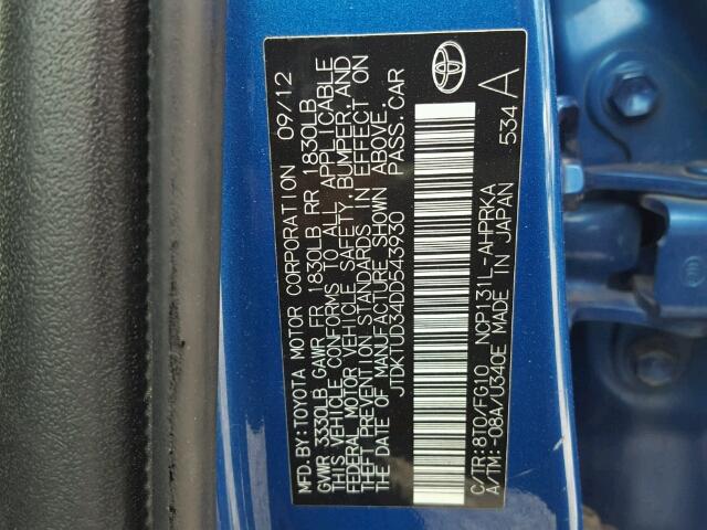 JTDKTUD34DD543930 - 2013 TOYOTA YARIS BLUE photo 10