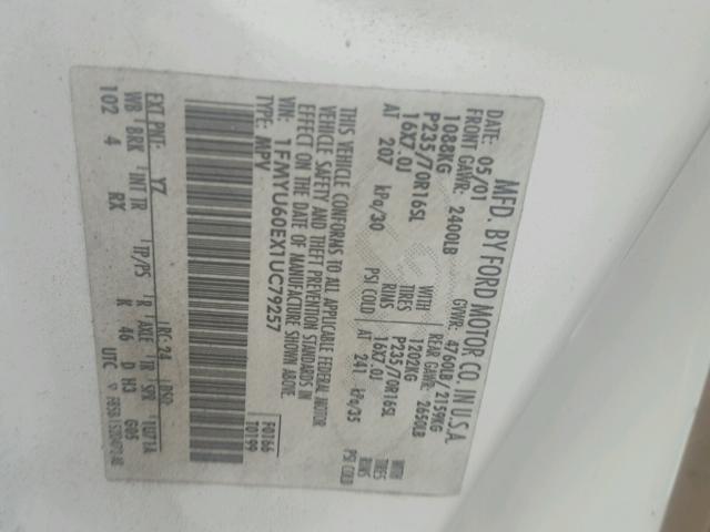 1FMYU60EX1UC79257 - 2001 FORD EXPLORER S WHITE photo 10