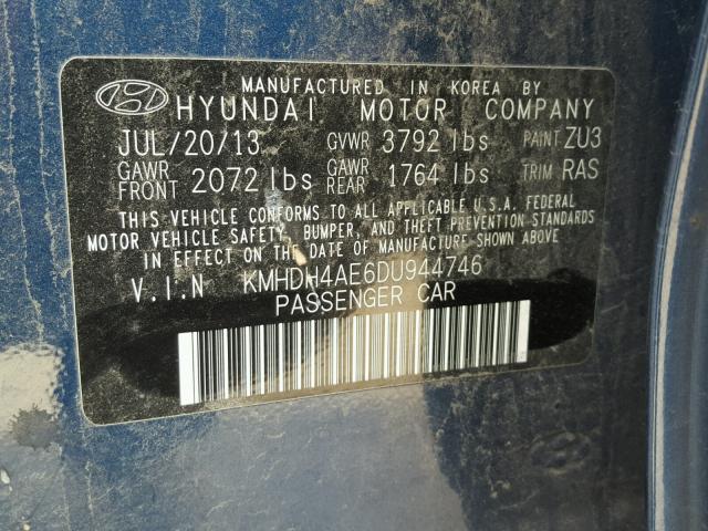 KMHDH4AE6DU944746 - 2013 HYUNDAI ELANTRA GL BLUE photo 10