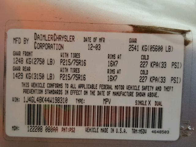 1J4GK38K74W257007 - 2004 JEEP LIBERTY RE SILVER photo 10