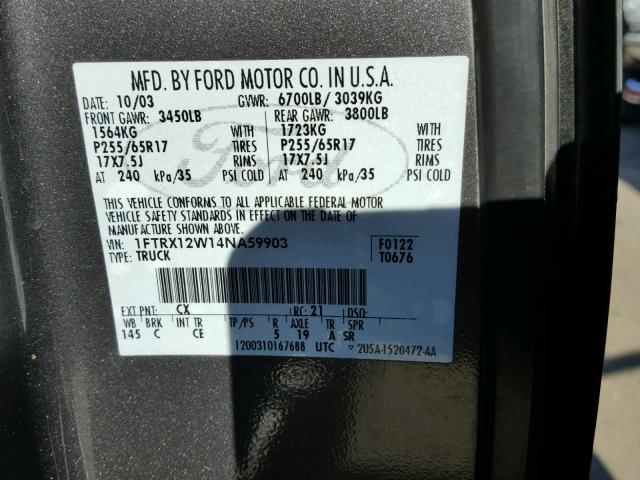 1FTRX12W14NA59903 - 2004 FORD F150 CHARCOAL photo 10