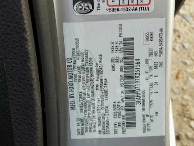 3FAHP07197R251564 - 2007 FORD FUSION SE GRAY photo 10