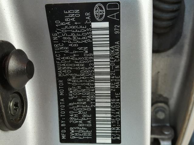 2T1BU4EEXAC523199 - 2010 TOYOTA COROLLA BA SILVER photo 10