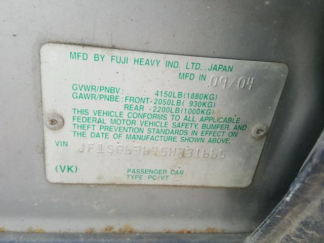 JF1SG63645H731665 - 2005 SUBARU FORESTER 2 SILVER photo 10