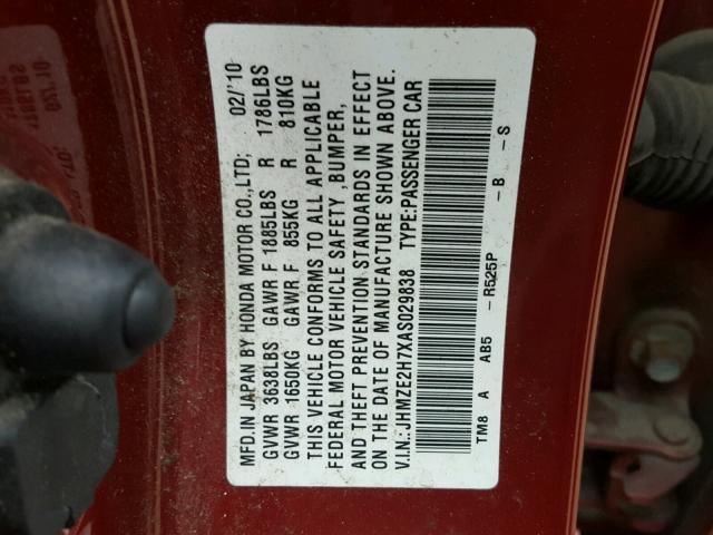 JHMZE2H7XAS029838 - 2010 HONDA INSIGHT EX RED photo 10