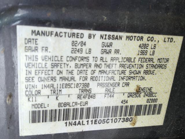 1N4AL11E05C107380 - 2005 NISSAN ALTIMA S GRAY photo 10