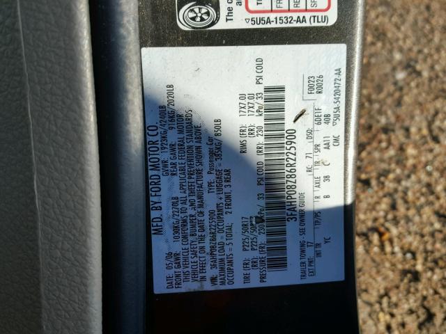 3FAHP08Z86R225900 - 2006 FORD FUSION SEL GRAY photo 10