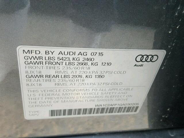 WA1C2AFP1GA030205 - 2016 AUDI Q5 PREMIUM GRAY photo 10