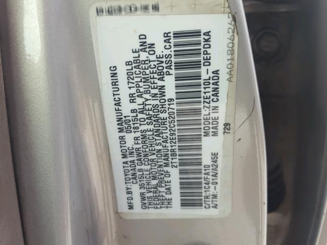 2T1BR12E92C520719 - 2002 TOYOTA COROLLA CE SILVER photo 10