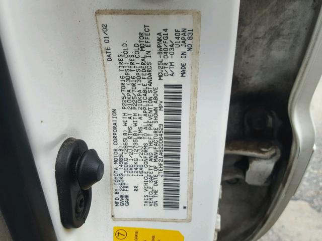 JTEHF21A620064529 - 2002 TOYOTA HIGHLANDER WHITE photo 10