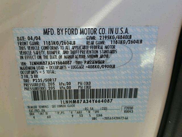 1LNHM87A34Y664087 - 2004 LINCOLN LS WHITE photo 10