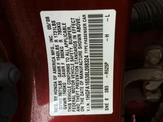 1HGFA16538L098324 - 2008 HONDA CIVIC LX MAROON photo 10