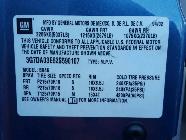 3G7DA03E62S590107 - 2002 PONTIAC AZTEK BLUE photo 10