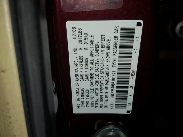 1HGCP26408A161521 - 2008 HONDA ACCORD LXP BURGUNDY photo 10