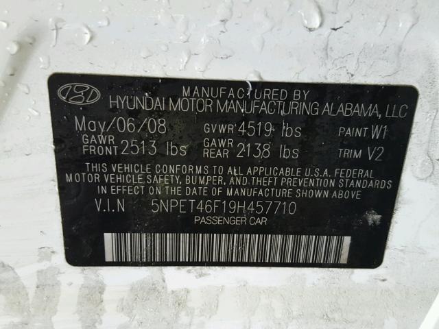 5NPET46F19H457710 - 2009 HYUNDAI SONATA GLS WHITE photo 10