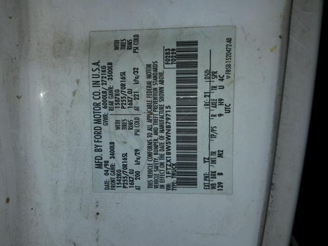1FTZX18W5WNB79715 - 1998 FORD F150 Beyaz fotoğraf 10