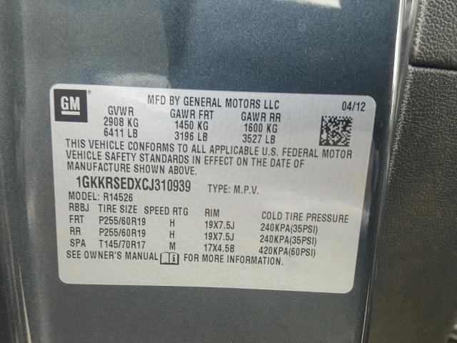 1GKKRSEDXCJ310939 - 2012 GMC ACADIA SLT ნაცრისფერი ფოტო 10