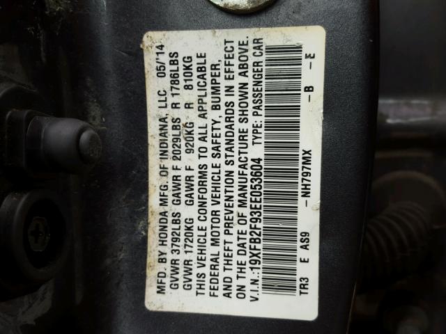 19XFB2F93EE053604 - 2014 HONDA CIVIC EXL GRAY photo 10