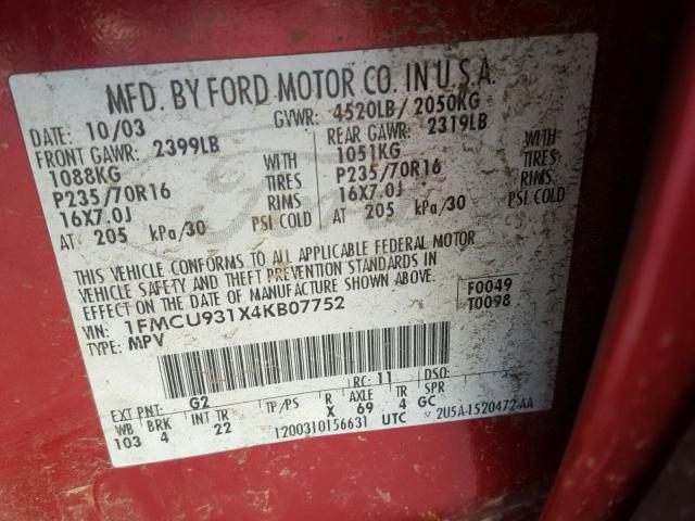 1FMCU931X4KB07752 - 2004 FORD ESCAPE XLT RED photo 10