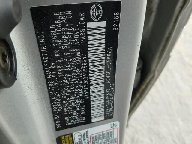 4T1BE32K24U856517 - 2004 TOYOTA CAMRY LE SILVER photo 10