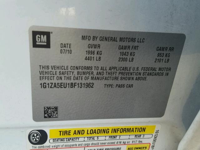 1G1ZA5EU1BF131962 - 2011 CHEVROLET MALIBU LS 白色 照片 10