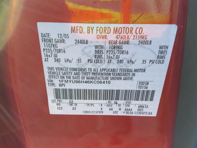 1FMYU96H46KC06410 - 2006 FORD ESCAPE HEV RED photo 10