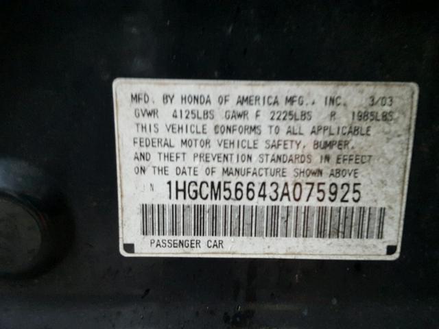 1HGCM56643A075925 - 2003 HONDA ACCORD EX BLACK photo 10