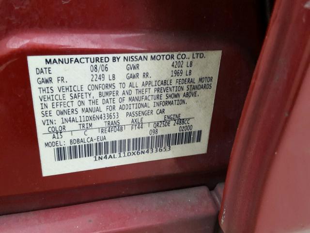 1N4AL11DX6N433653 - 2006 NISSAN ALTIMA S RED photo 10