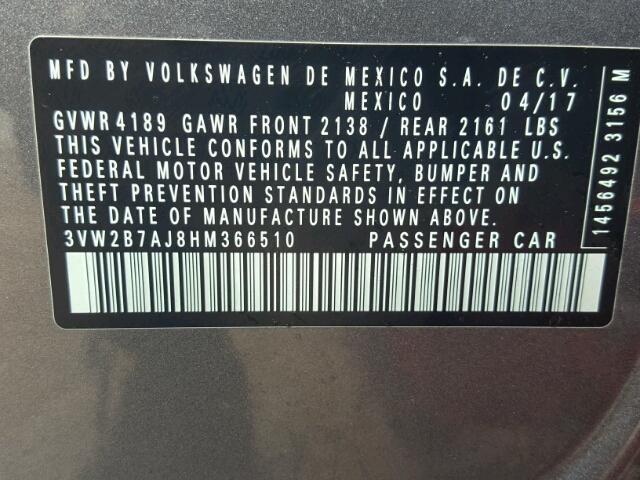 3VW2B7AJ8HM366510 - 2017 VOLKSWAGEN JETTA S Boz foto 10