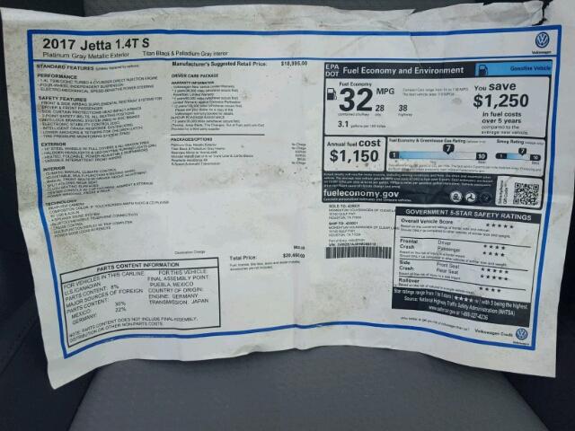 3VW2B7AJ8HM366510 - 2017 VOLKSWAGEN JETTA S Boz foto 9