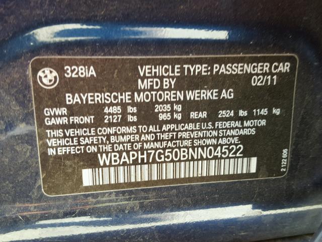 WBAPH7G50BNN04522 - 2011 BMW 328 I BLUE photo 10