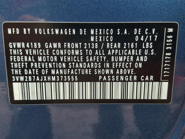 3VW2B7AJXHM373555 - 2017 VOLKSWAGEN JETTA S Mavi foto 10