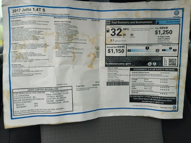 3VW2B7AJXHM373555 - 2017 VOLKSWAGEN JETTA S Mavi foto 9