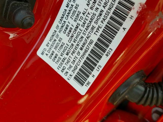 2HGFC1F72HH657760 - 2017 HONDA CIVIC EXL RED photo 10