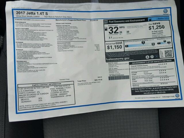 3VW2B7AJ9HM389200 - 2017 VOLKSWAGEN JETTA S 白色 照片 9