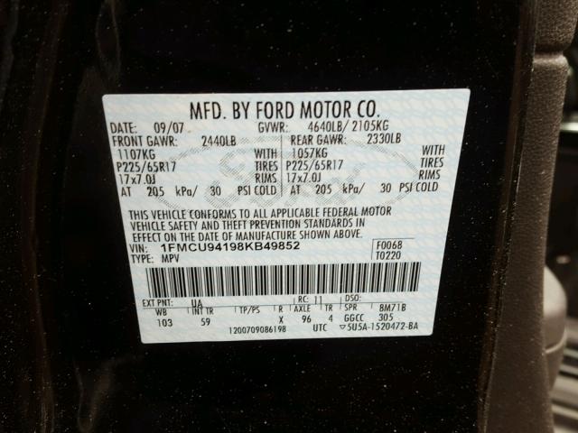 1FMCU94198KB49852 - 2008 FORD ESCAPE LIM BLACK photo 10