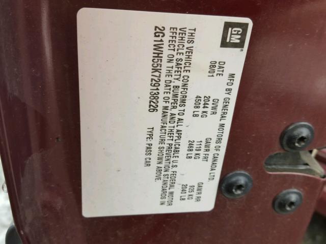 2G1WH55K729138226 - 2002 CHEVROLET IMPALA LS BURGUNDY photo 10