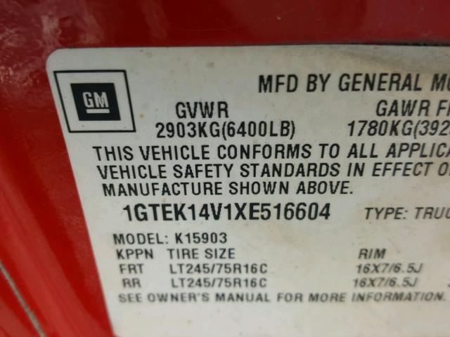 1GTEK14V1XE516604 - 1999 GMC NEW SIERRA RED photo 10