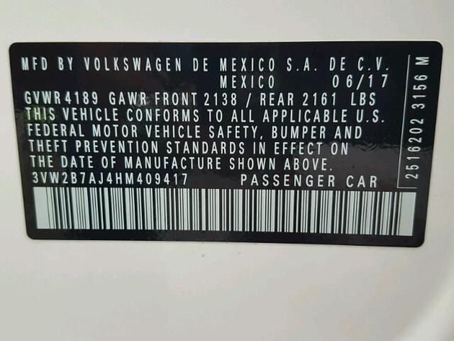 3VW2B7AJ4HM409417 - 2017 VOLKSWAGEN JETTA S Ağ foto 10