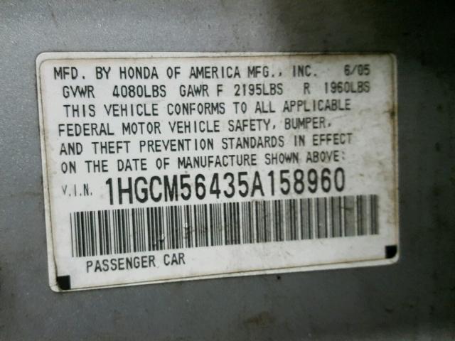 1HGCM56435A158960 - 2005 HONDA ACCORD LX GRAY photo 10