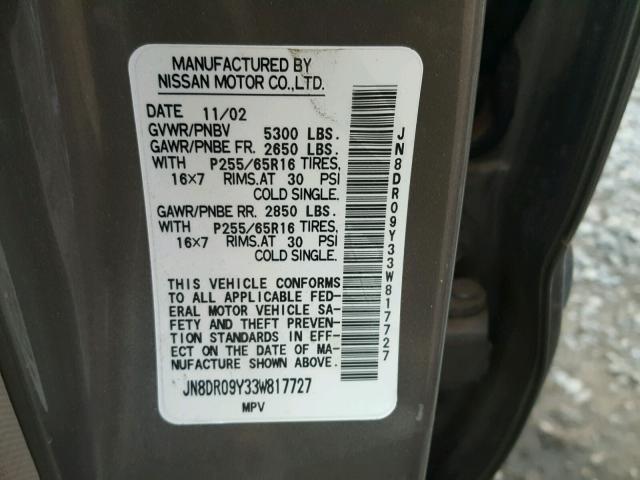 JN8DR09Y33W817727 - 2003 NISSAN PATHFINDER GRAY photo 10