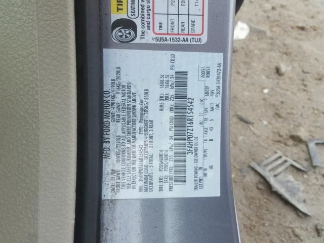 3FAHP07Z16R154542 - 2006 FORD FUSION SE GRAY photo 10