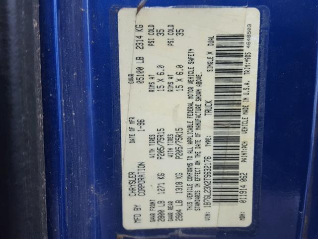 1B7GL23X2TS632176 - 1996 DODGE DAKOTA BLUE photo 10