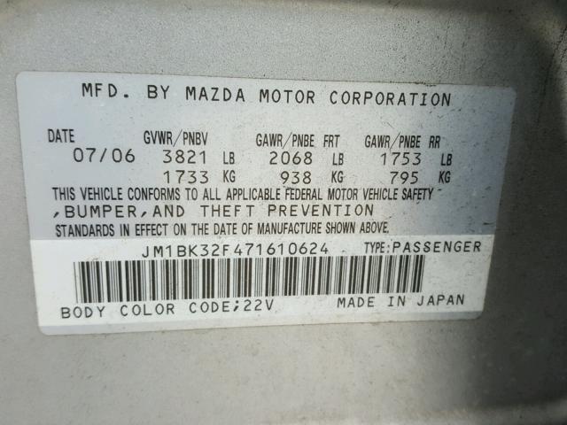 JM1BK32F471610624 - 2007 MAZDA 3 I SILVER photo 10