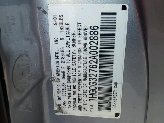 1HGCG32762A002886 - 2002 HONDA ACCORD EX SILVER photo 10