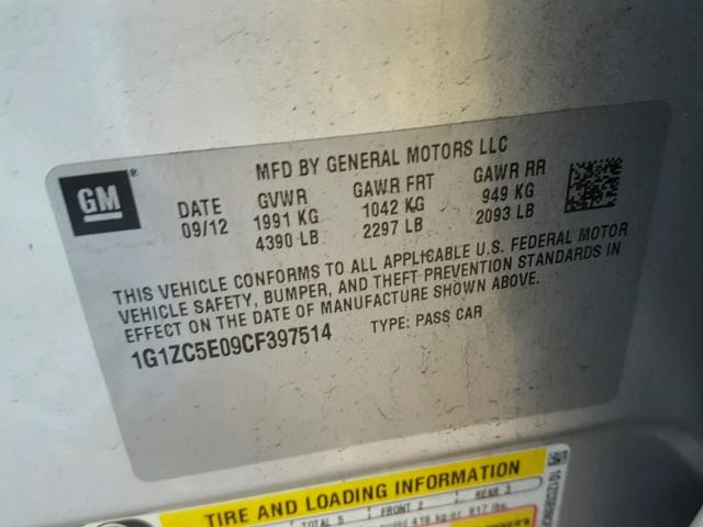 1G1ZC5E09CF397514 - 2012 CHEVROLET MALIBU 1LT 银色 照片 10