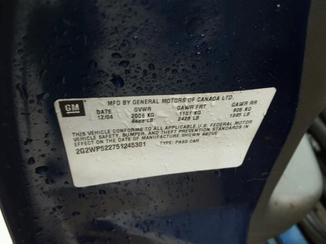 2G2WP522751245301 - 2005 PONTIAC GRAND PRIX BLUE photo 10