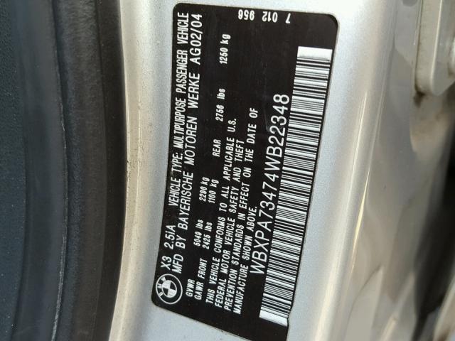 WBXPA73474WB22348 - 2004 BMW X3 2.5I SILVER photo 10